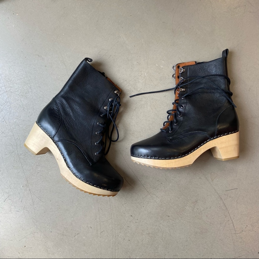 Gentle souls black leather and wood clog boots